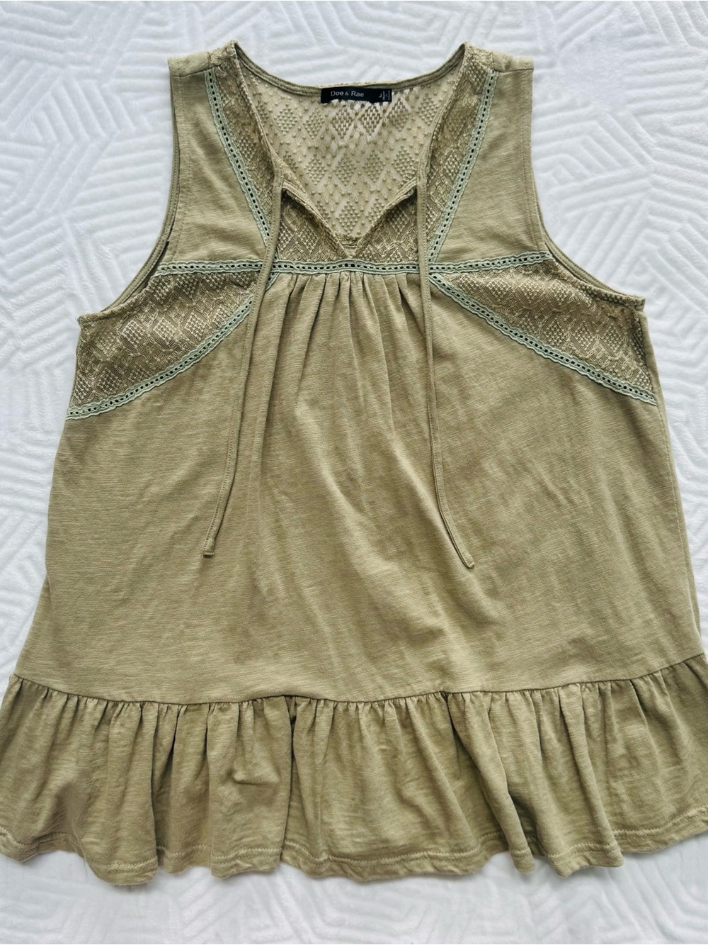 Doe & Rae Lace Trim Peplum Tank Top Women’s Large Sage Green Boho Sleeveless